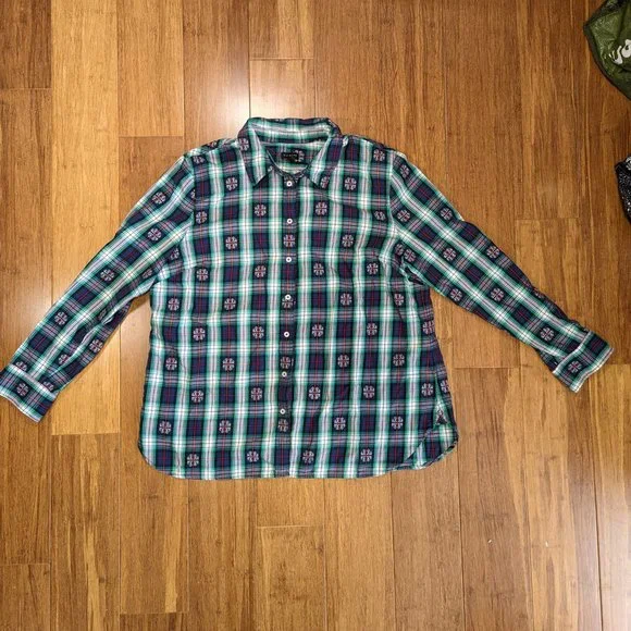 Talbots Classic Cotton Shirt Snowflake Jacquard Plaid - Picture 6 of 9